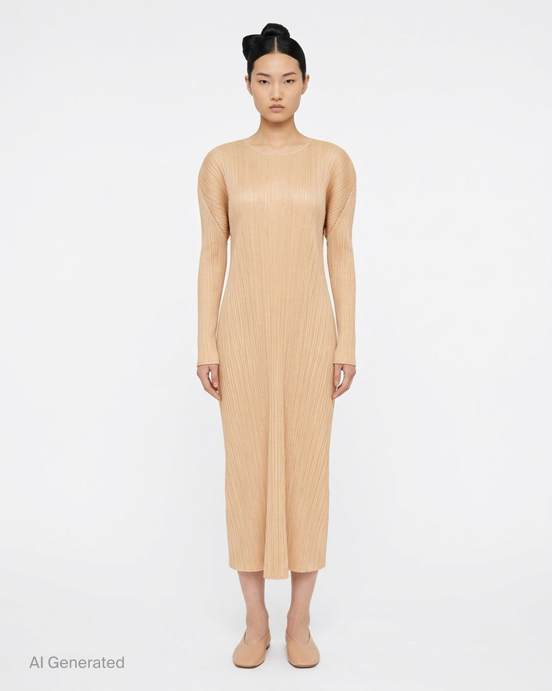Pleats Please Issey Miyake Monthly Colors October long-sleeve pleated midi dress in sand - front
