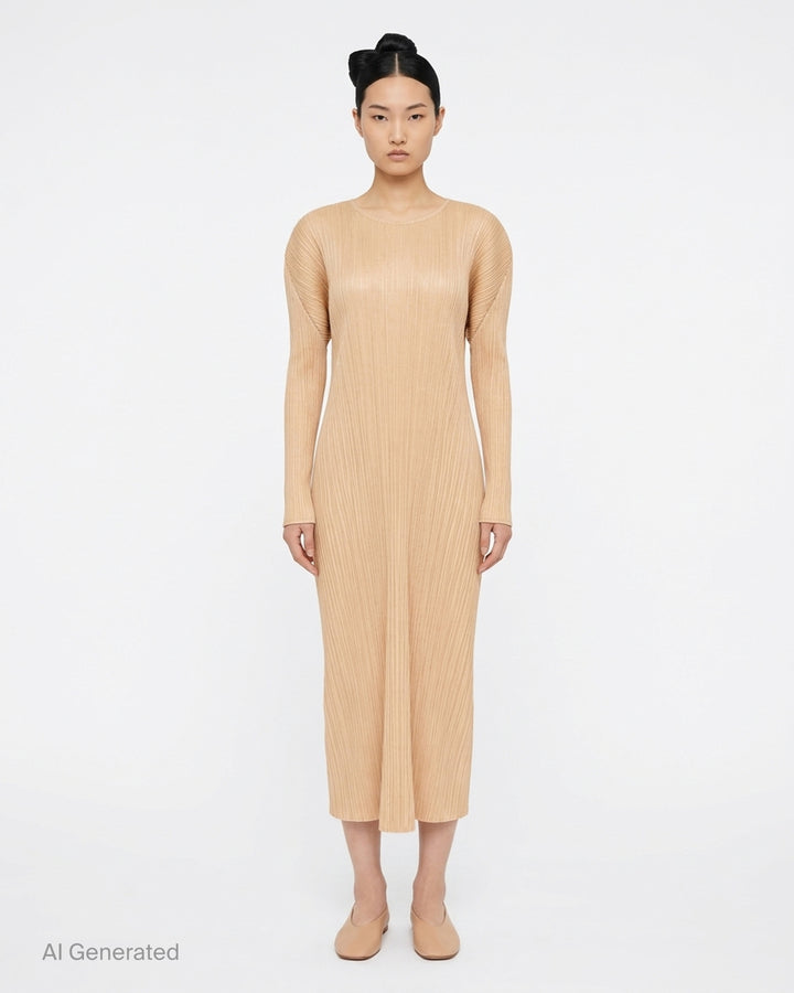 Pleats Please Issey Miyake Monthly Colors October long-sleeve pleated midi dress in sand - front