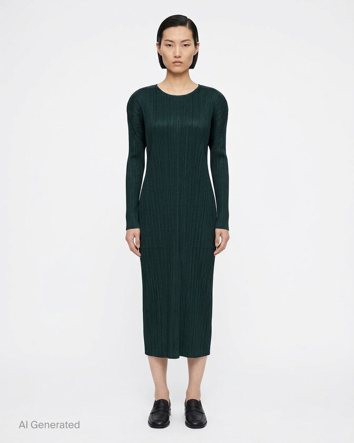 Pleats Please Issey Miyake Monthly Colors October long-sleeve pleated midi dress in sand - front