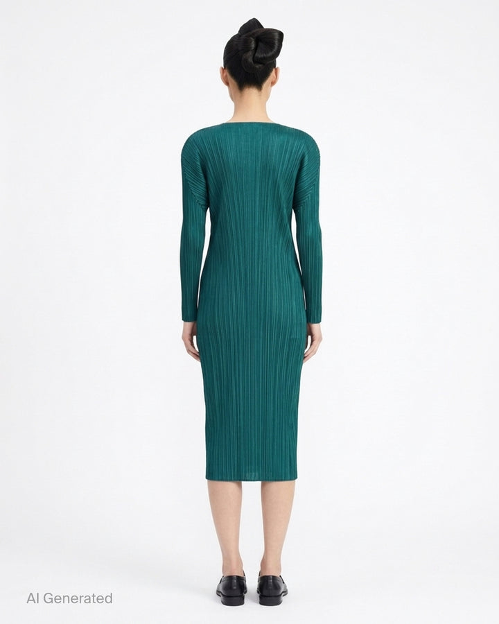 Pleats Please Issey Miyake Monthly Colors October long-sleeve pleated midi dress in sand - back