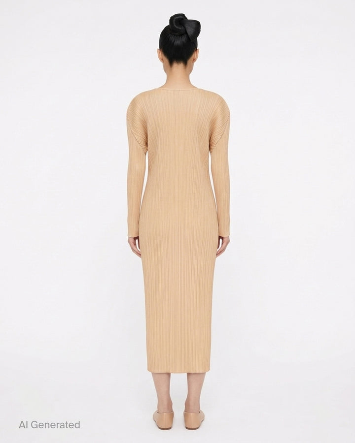 Pleats Please Issey Miyake Monthly Colors October long-sleeve pleated midi dress in sand - back