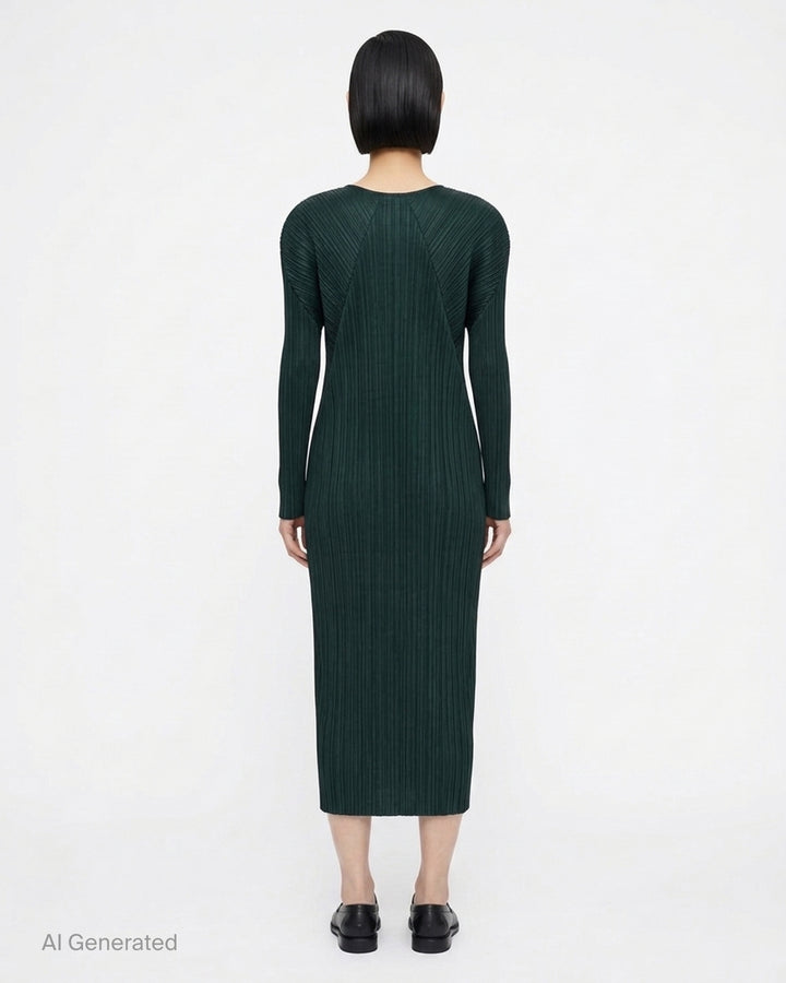 Pleats Please Issey Miyake Monthly Colors October long-sleeve pleated midi dress in sand - back