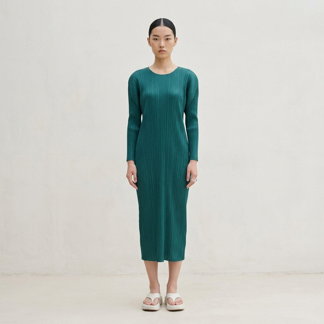 Pleats Please Issey Miyake Monthly Colors October long-sleeve pleated midi dress in sand - lifestyle