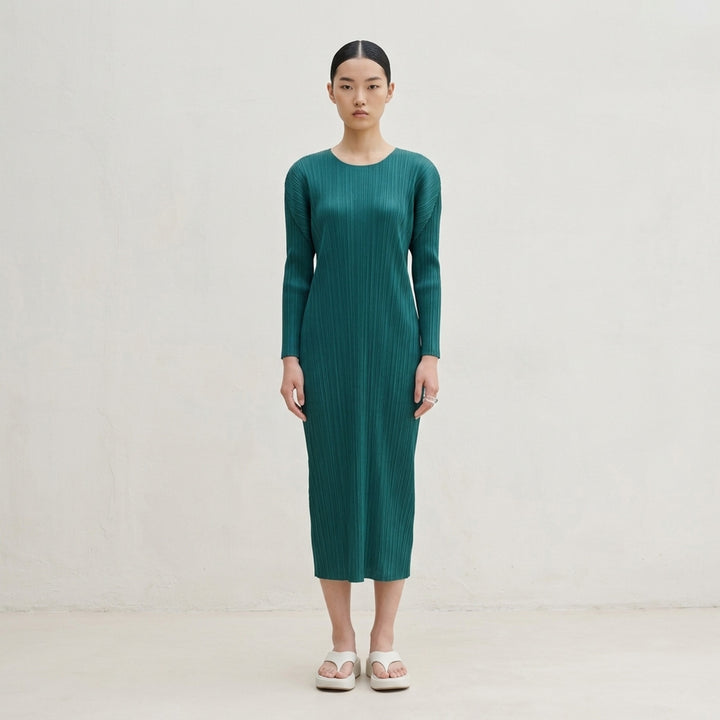 Pleats Please Issey Miyake Monthly Colors October long-sleeve pleated midi dress in sand - lifestyle