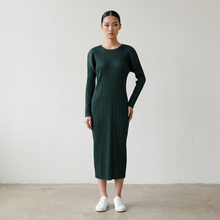 Pleats Please Issey Miyake Monthly Colors October long-sleeve pleated midi dress in sand - lifestyle