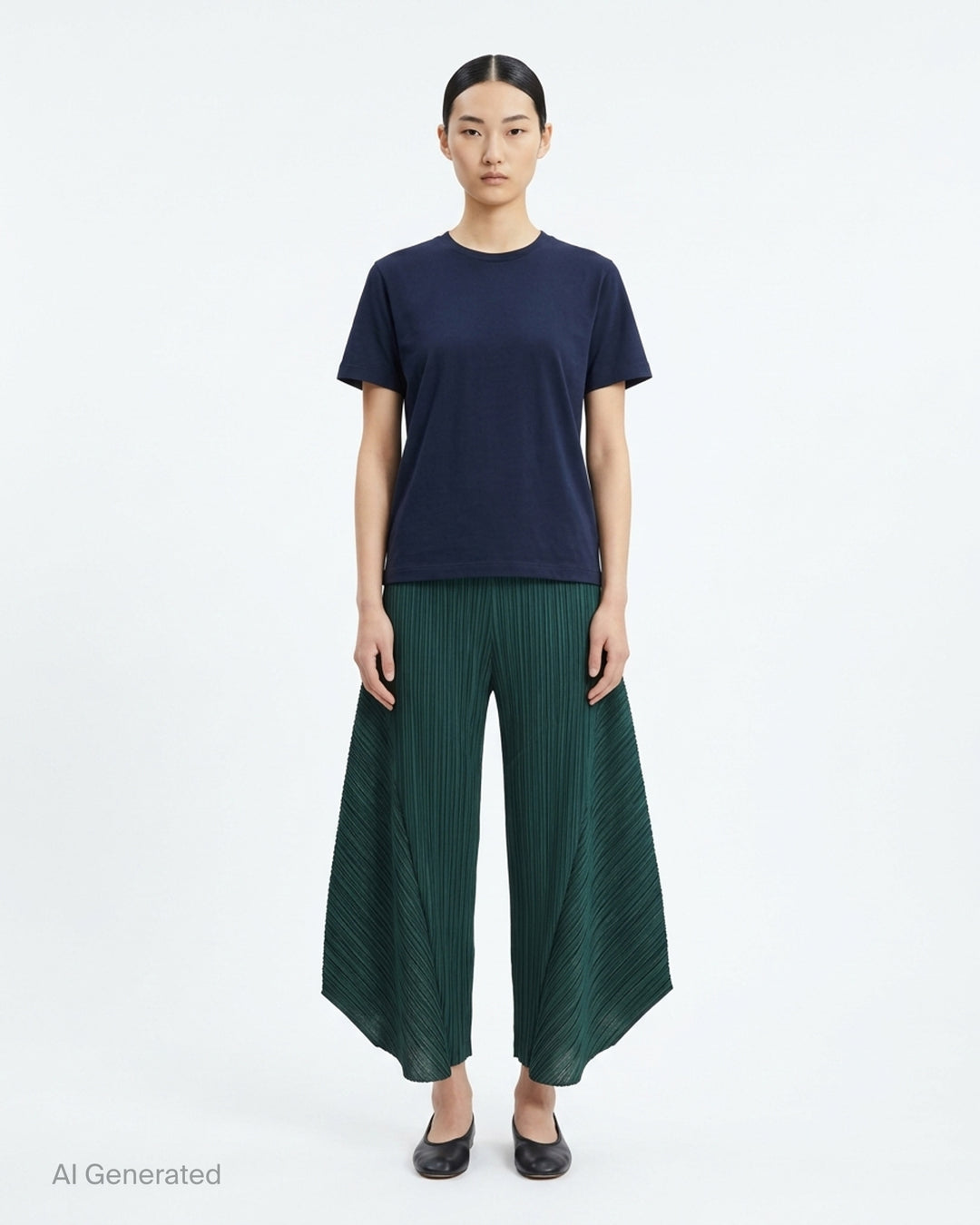 Pleats Please Issey Miyake Monthly Colors October pleated flared pants in deep green with sculpted side panels and elasticated waist - front