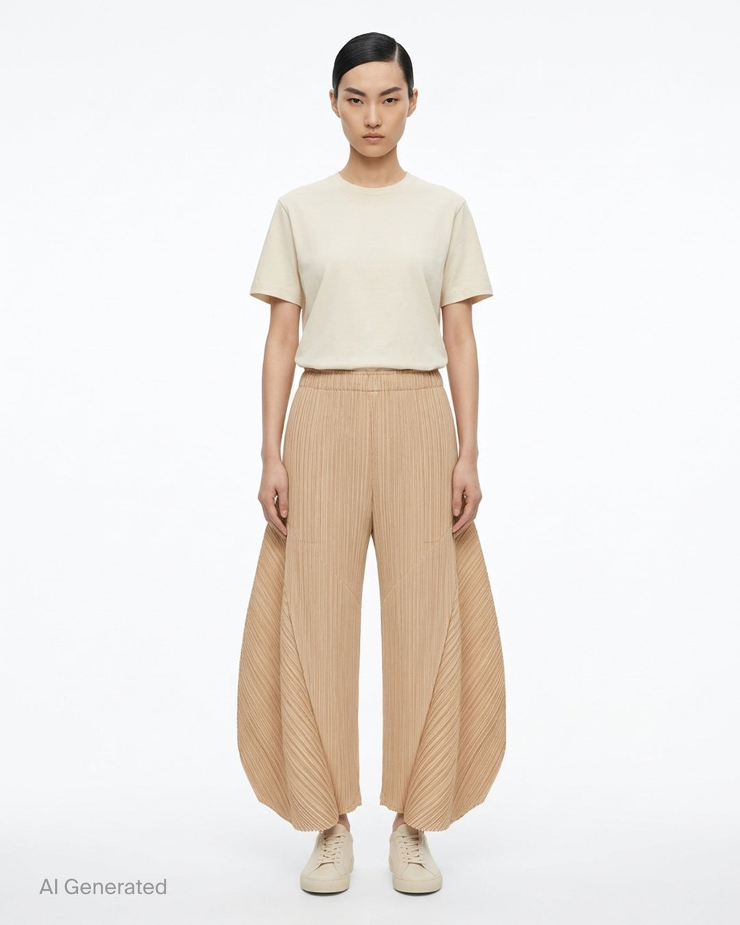 Pleats Please Issey Miyake Monthly Colors October pleated flared pants in deep green with sculpted side panels and elasticated waist - front