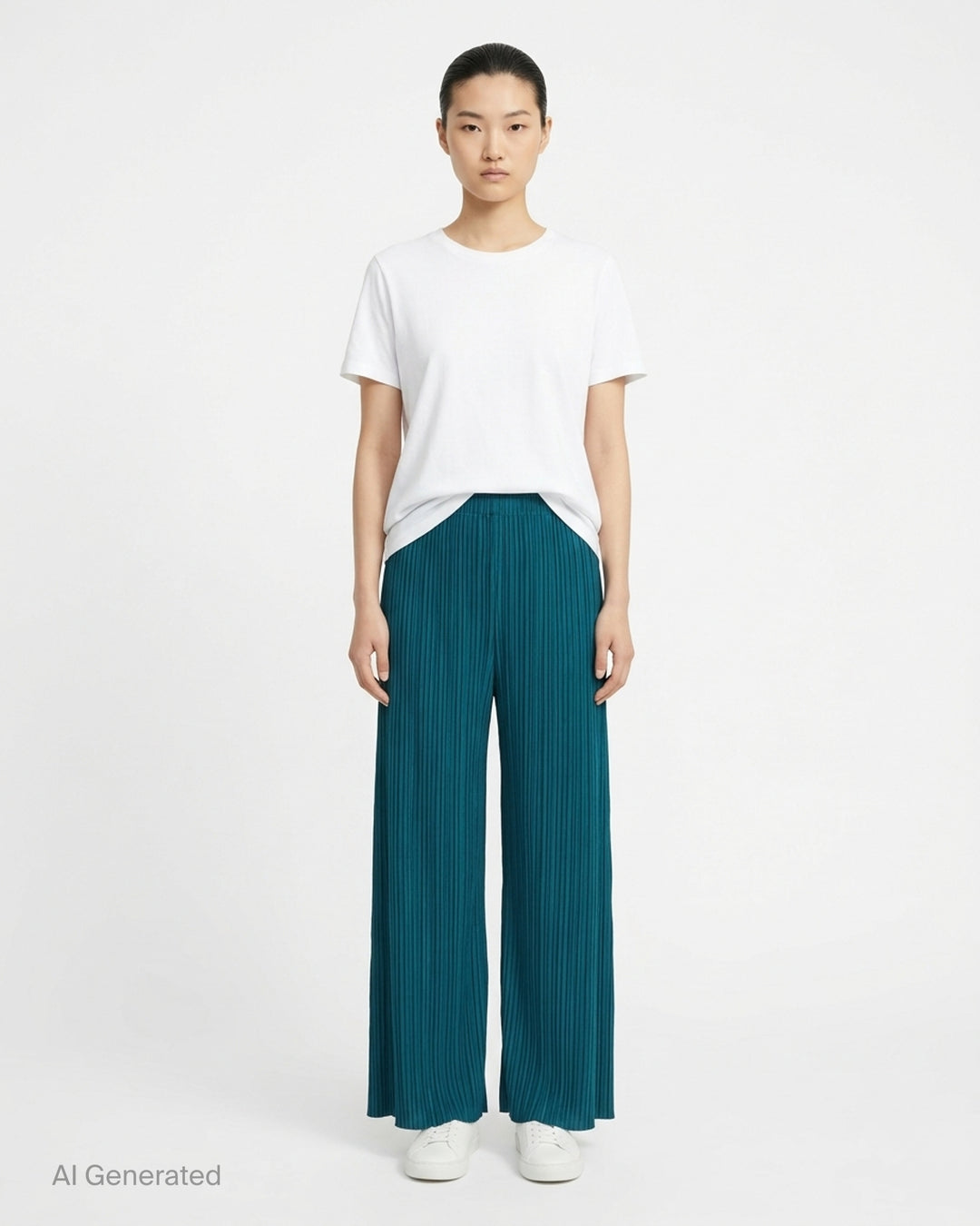 Pleats Please Issey Miyake Monthly Colors October wide-leg pleated pants in sand beige, front view - front