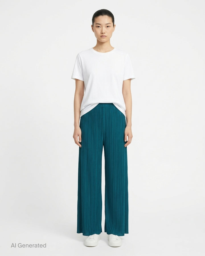 Pleats Please Issey Miyake Monthly Colors October wide-leg pleated pants in sand beige, front view - front