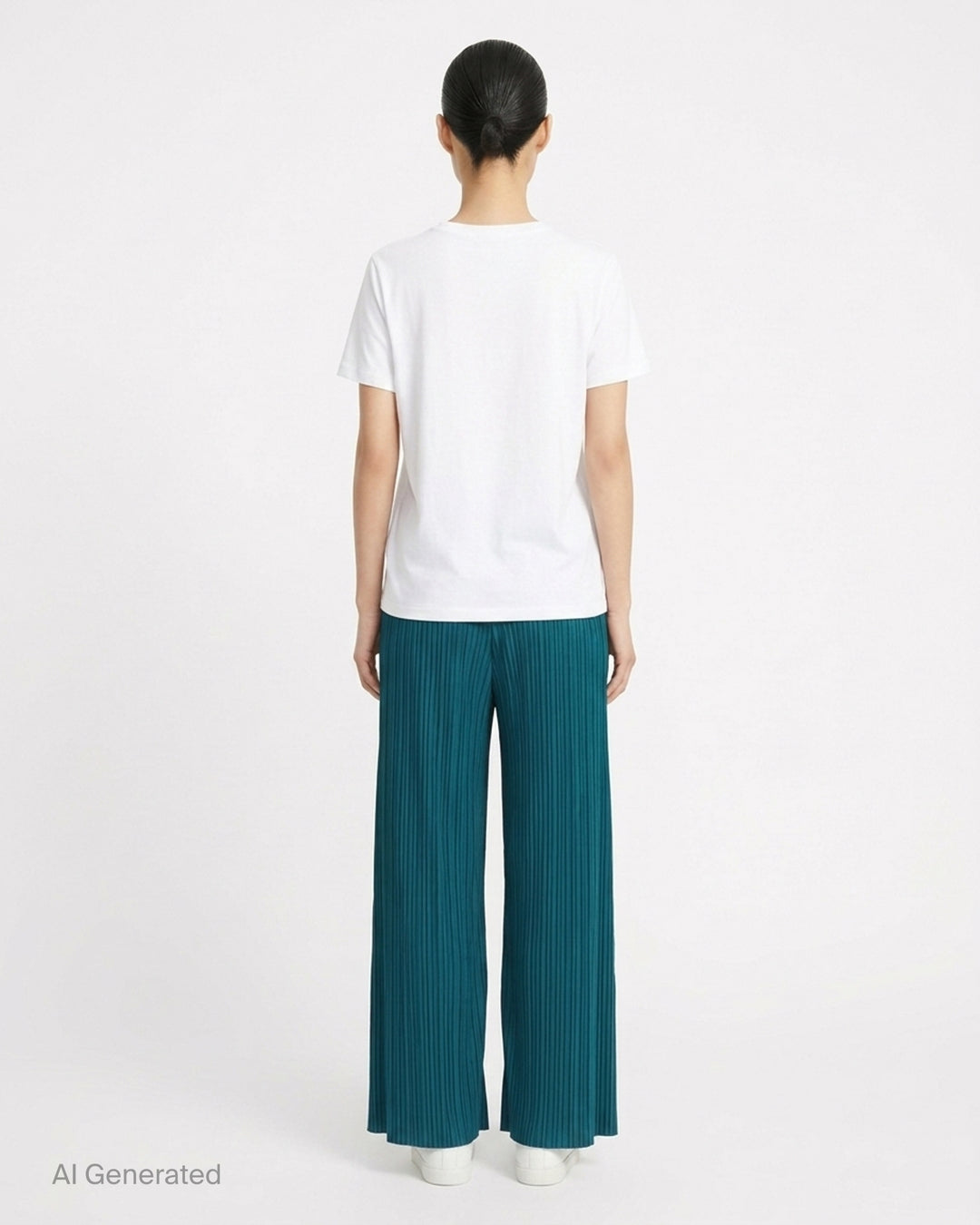 Pleats Please Issey Miyake Monthly Colors October wide-leg pleated pants in sand beige, front view - back