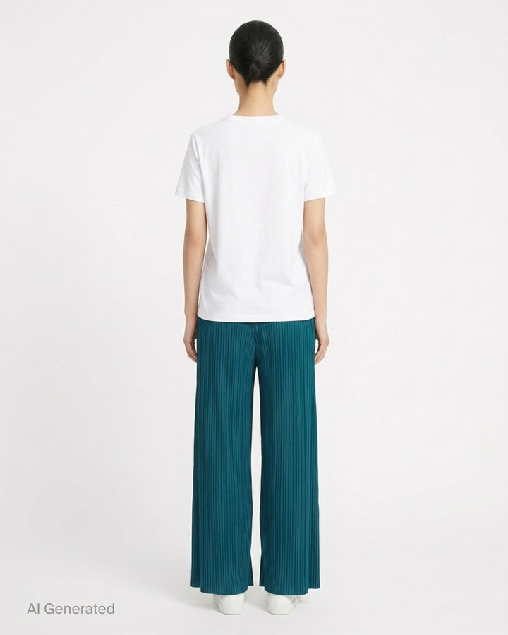 Pleats Please Issey Miyake Monthly Colors October wide-leg pleated pants in sand beige, front view - back