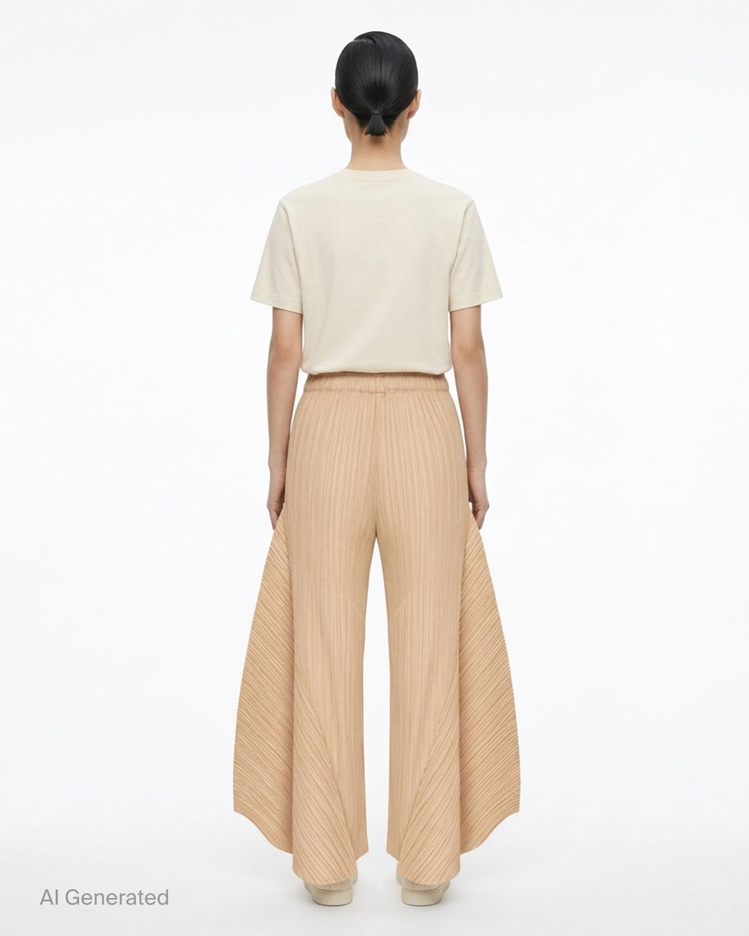 Pleats Please Issey Miyake Monthly Colors October pleated flared pants in deep green with sculpted side panels and elasticated waist - back