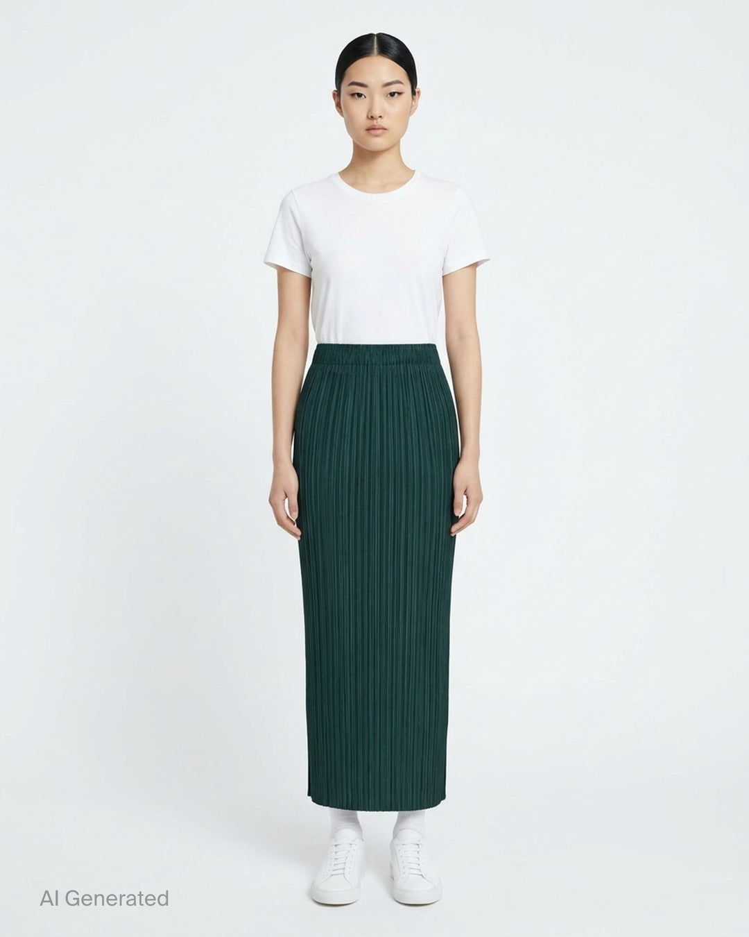 Pleats Please Issey Miyake Monthly Colors October pleated midi skirt in sand with elasticated waist - front