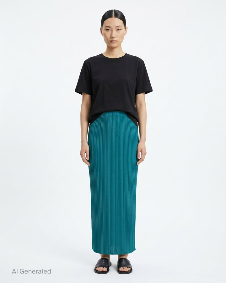 Pleats Please Issey Miyake Monthly Colors October pleated midi skirt in sand with elasticated waist - front