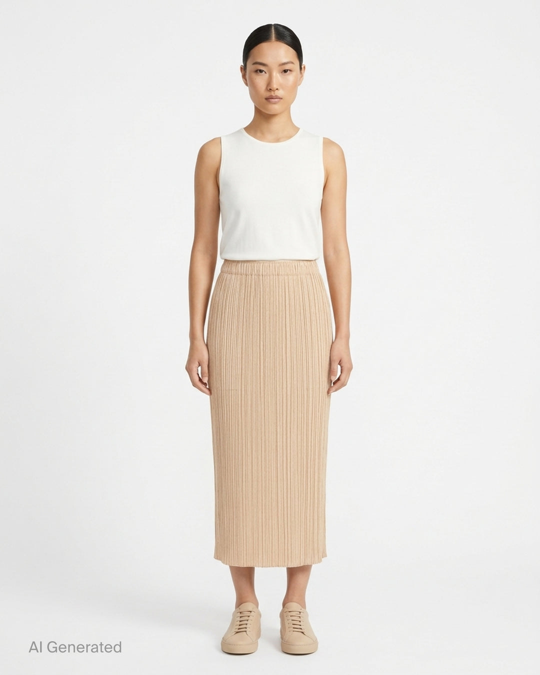 Pleats Please Issey Miyake Monthly Colors October pleated midi skirt in sand with elasticated waist - front