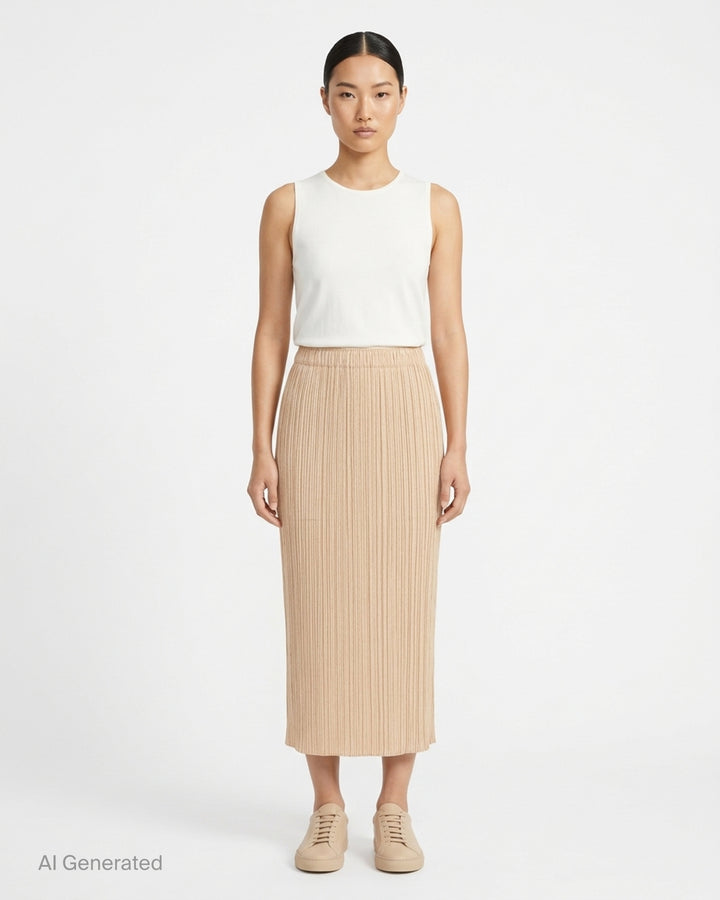 Pleats Please Issey Miyake Monthly Colors October pleated midi skirt in sand with elasticated waist - front