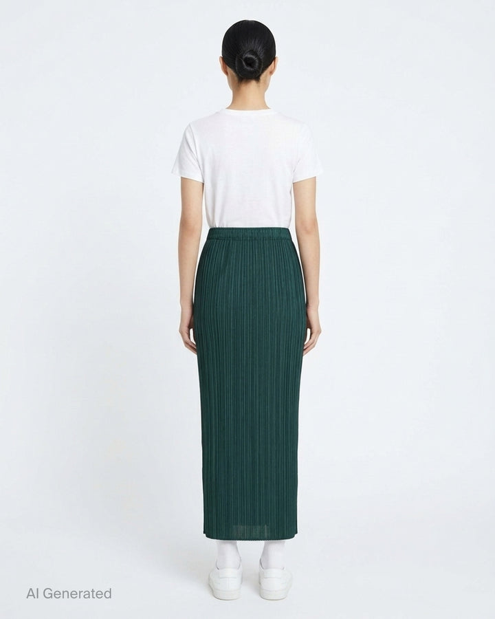 Pleats Please Issey Miyake Monthly Colors October pleated midi skirt in sand with elasticated waist - back