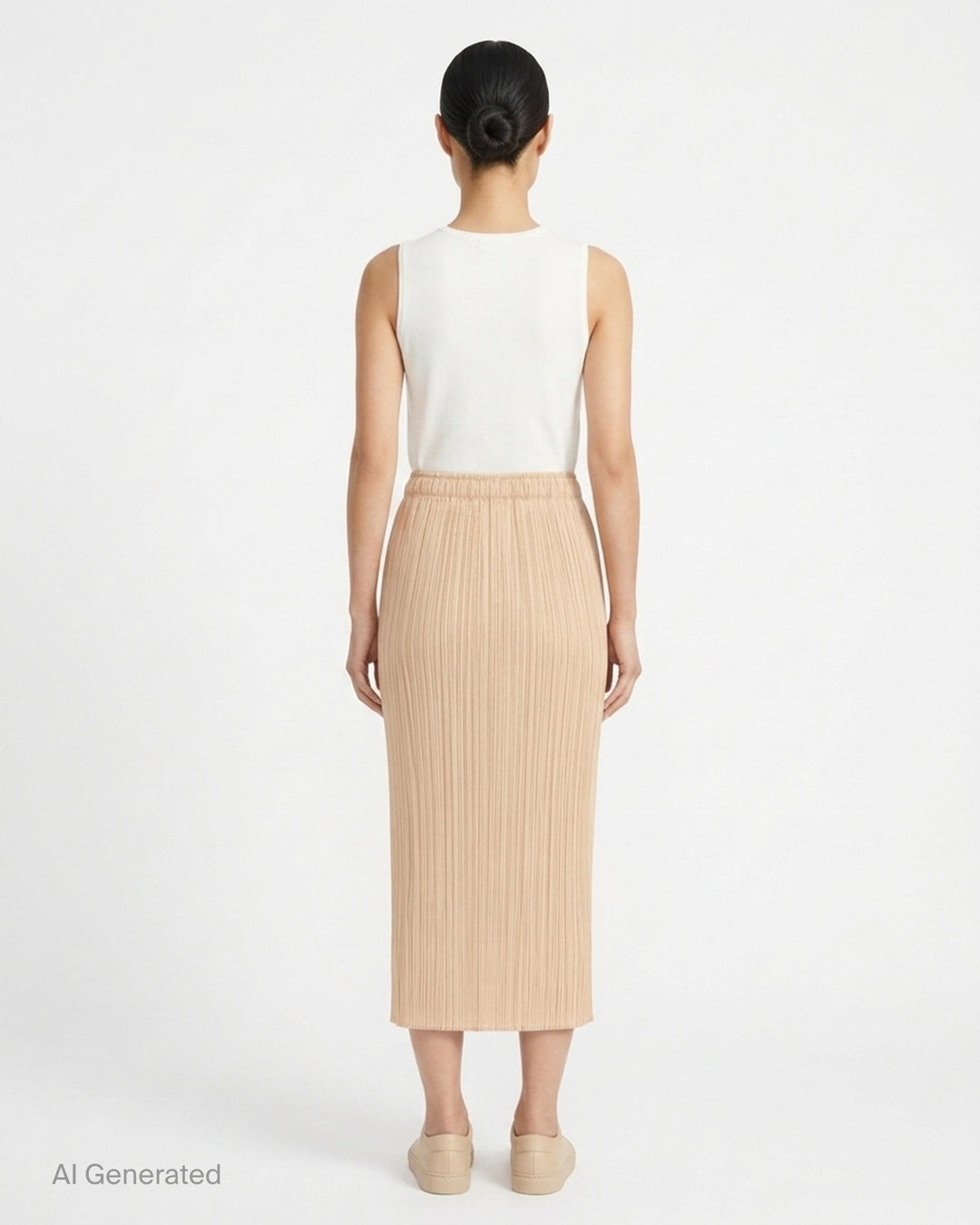 Pleats Please Issey Miyake Monthly Colors October pleated midi skirt in sand with elasticated waist - back