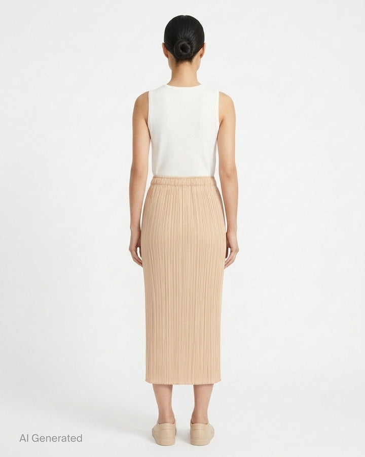 Pleats Please Issey Miyake Monthly Colors October pleated midi skirt in sand with elasticated waist - back