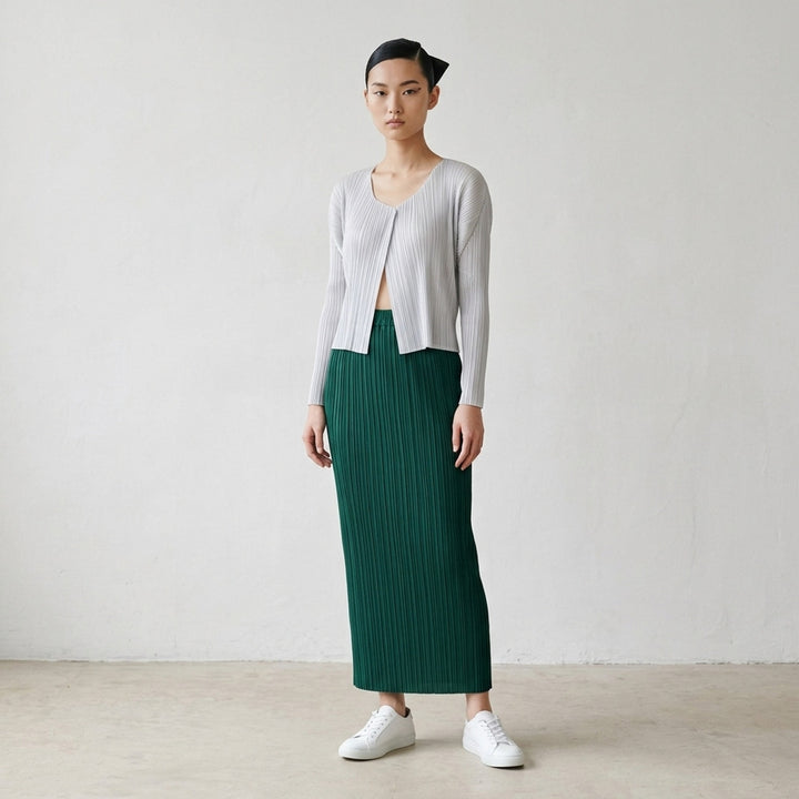 Pleats Please Issey Miyake Monthly Colors October pleated midi skirt in sand with elasticated waist - lifestyle