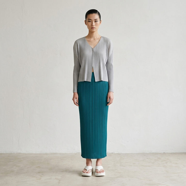 Pleats Please Issey Miyake Monthly Colors October pleated midi skirt in sand with elasticated waist - lifestyle