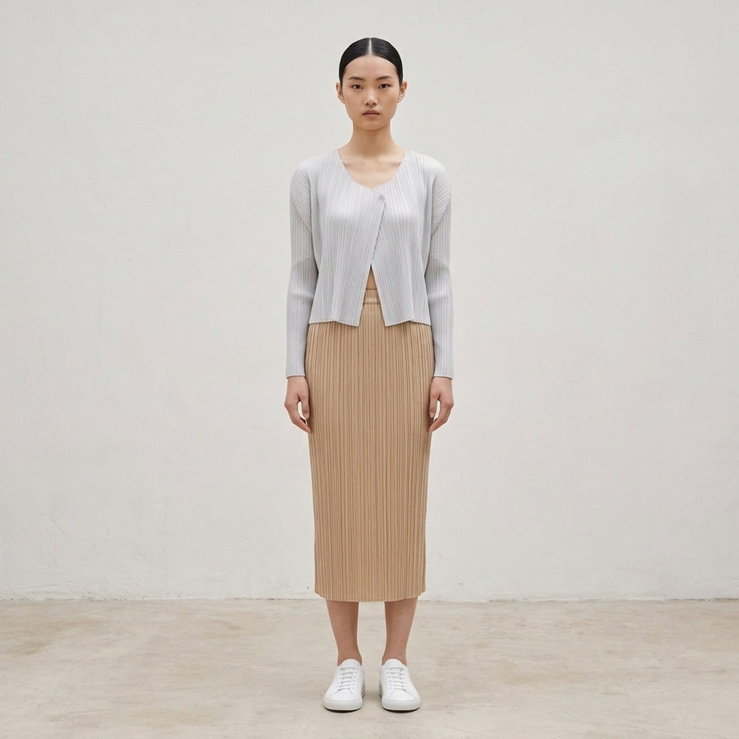 Pleats Please Issey Miyake Monthly Colors October pleated midi skirt in sand with elasticated waist - lifestyle