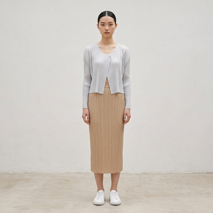 Pleats Please Issey Miyake Monthly Colors October pleated midi skirt in sand with elasticated waist - lifestyle
