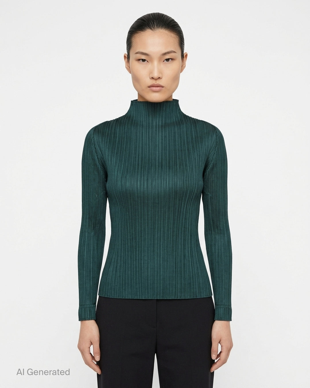 Pleats Please Issey Miyake Monthly Colors October long sleeve pleated mock neck top in deep green - front