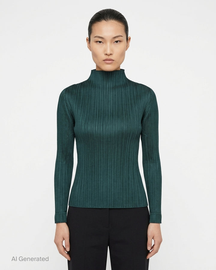 Pleats Please Issey Miyake Monthly Colors October long sleeve pleated mock neck top in deep green - front