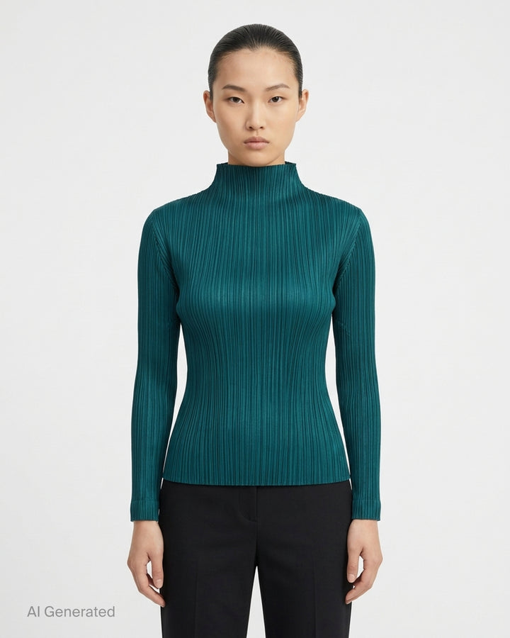 Pleats Please Issey Miyake Monthly Colors October long sleeve pleated mock neck top in deep green - front