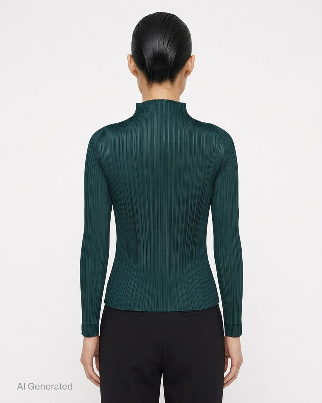 Pleats Please Issey Miyake Monthly Colors October long sleeve pleated mock neck top in deep green - back