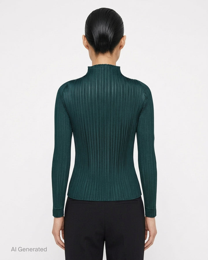 Pleats Please Issey Miyake Monthly Colors October long sleeve pleated mock neck top in deep green - back