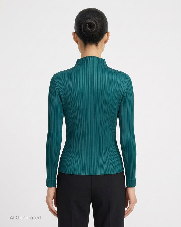 Pleats Please Issey Miyake Monthly Colors October long sleeve pleated mock neck top in deep green - back