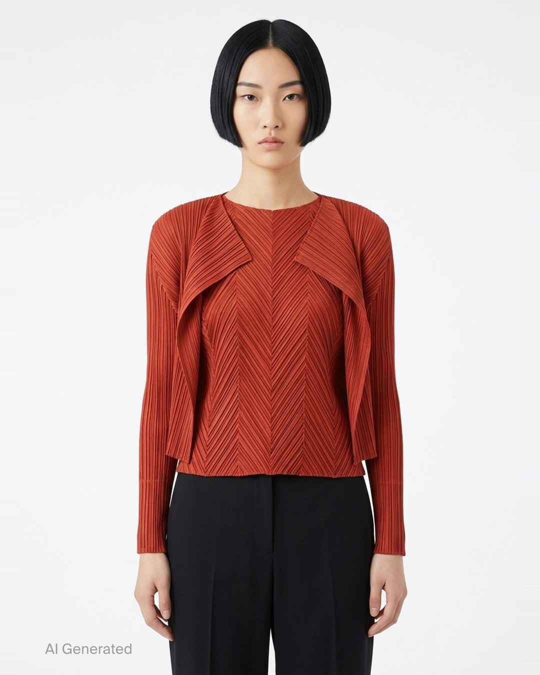 Pleats Please Issey Miyake Monthly Colors September black pleated open-front cardigan, back view, featuring radiating fan pleats from the yoke and long sleeves - front