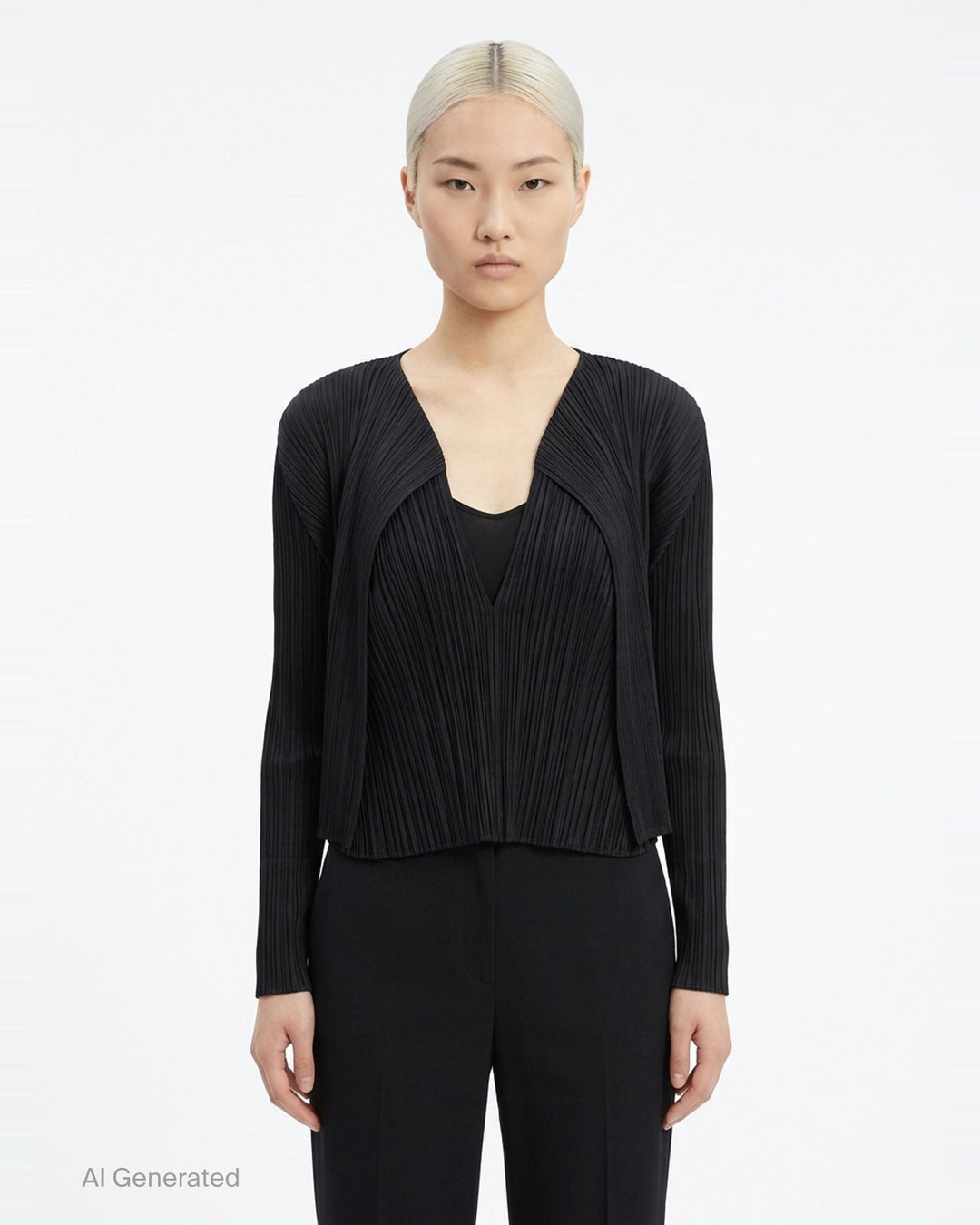 Pleats Please Issey Miyake Monthly Colors September black pleated open-front cardigan, back view, featuring radiating fan pleats from the yoke and long sleeves - front
