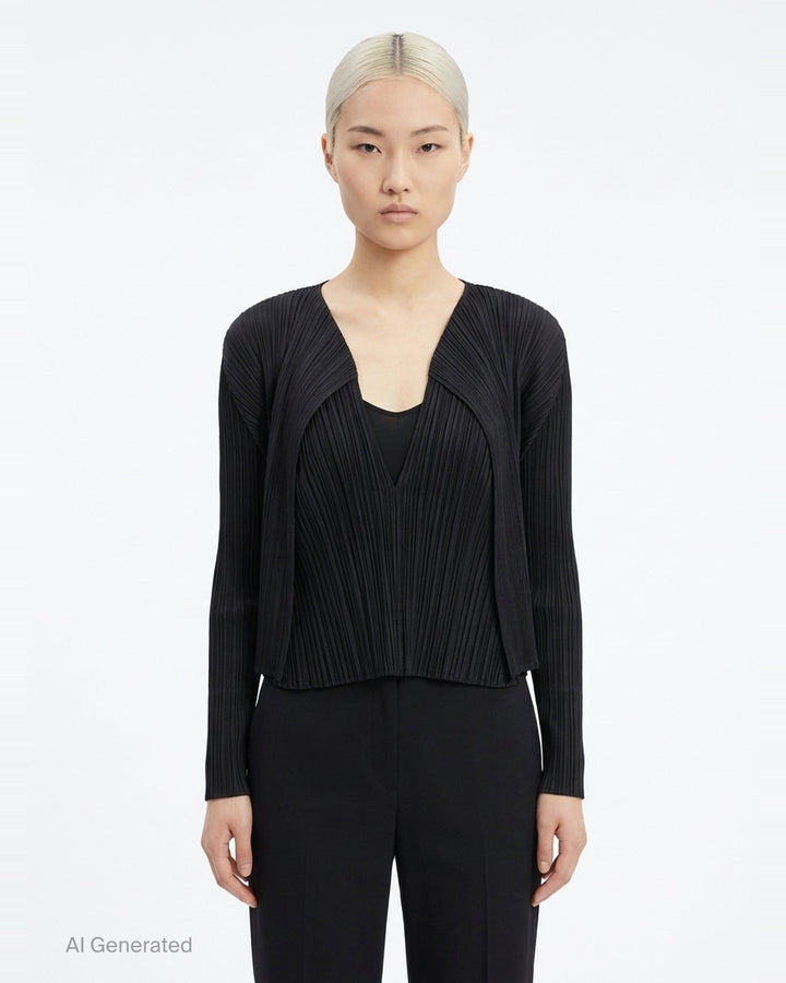 Pleats Please Issey Miyake Monthly Colors September black pleated open-front cardigan, back view, featuring radiating fan pleats from the yoke and long sleeves - front