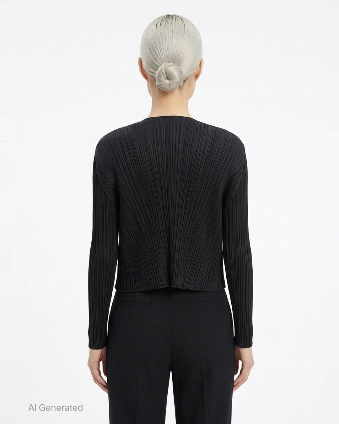 Pleats Please Issey Miyake Monthly Colors September black pleated open-front cardigan, back view, featuring radiating fan pleats from the yoke and long sleeves - back