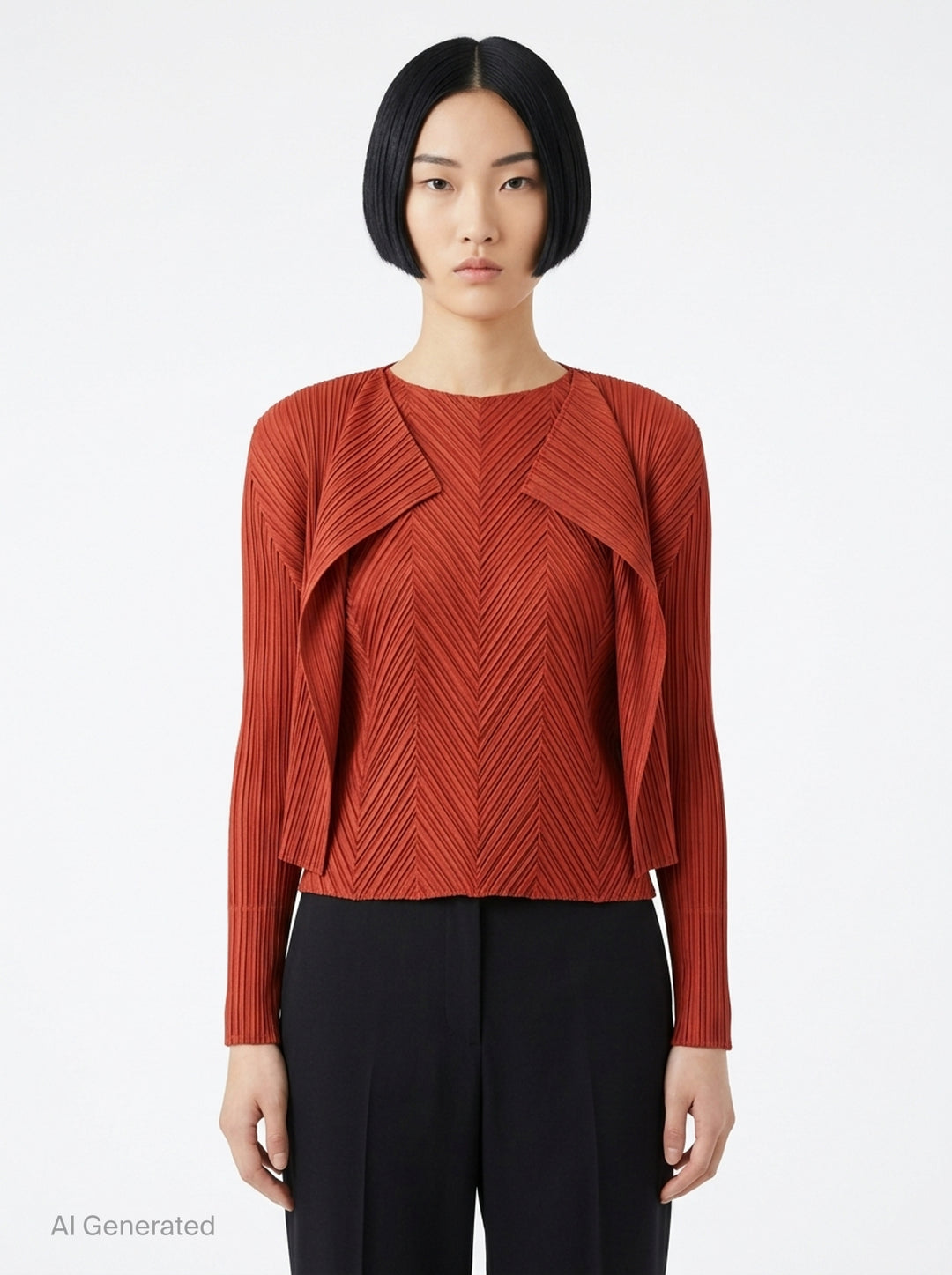 Pleats Please Issey Miyake Monthly Colors September black pleated open-front cardigan, back view, featuring radiating fan pleats from the yoke and long sleeves - front