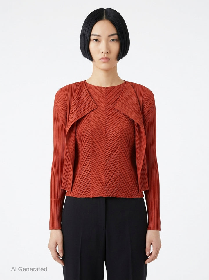 Pleats Please Issey Miyake Monthly Colors September black pleated open-front cardigan, back view, featuring radiating fan pleats from the yoke and long sleeves - front