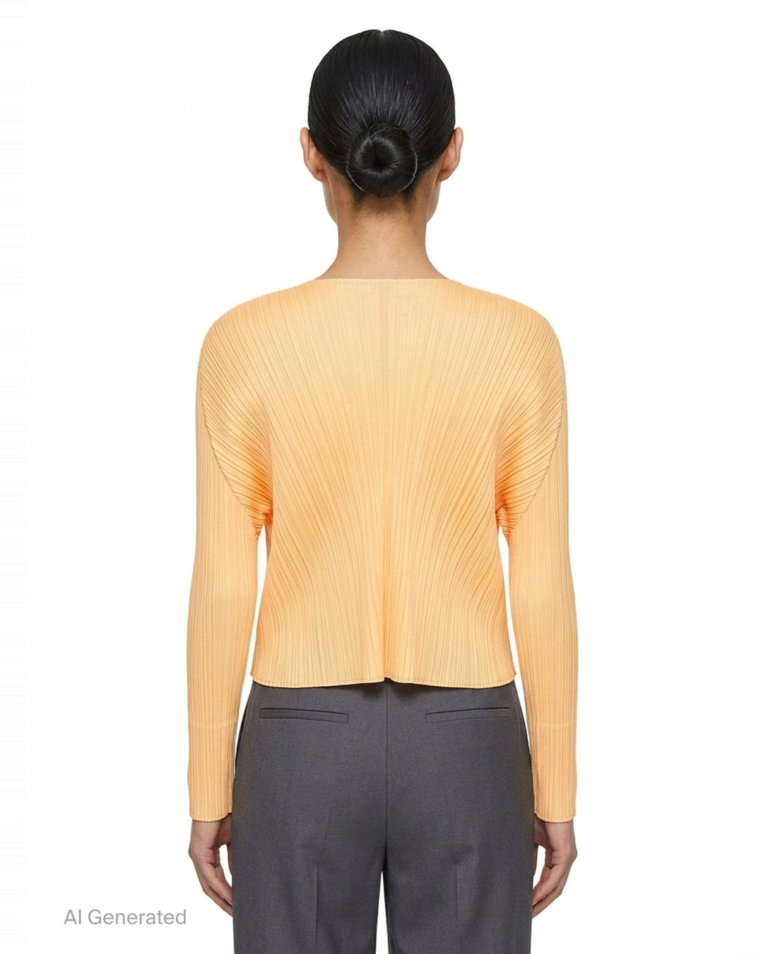 Pleats Please Issey Miyake Monthly Colors September black pleated open-front cardigan, back view, featuring radiating fan pleats from the yoke and long sleeves - back