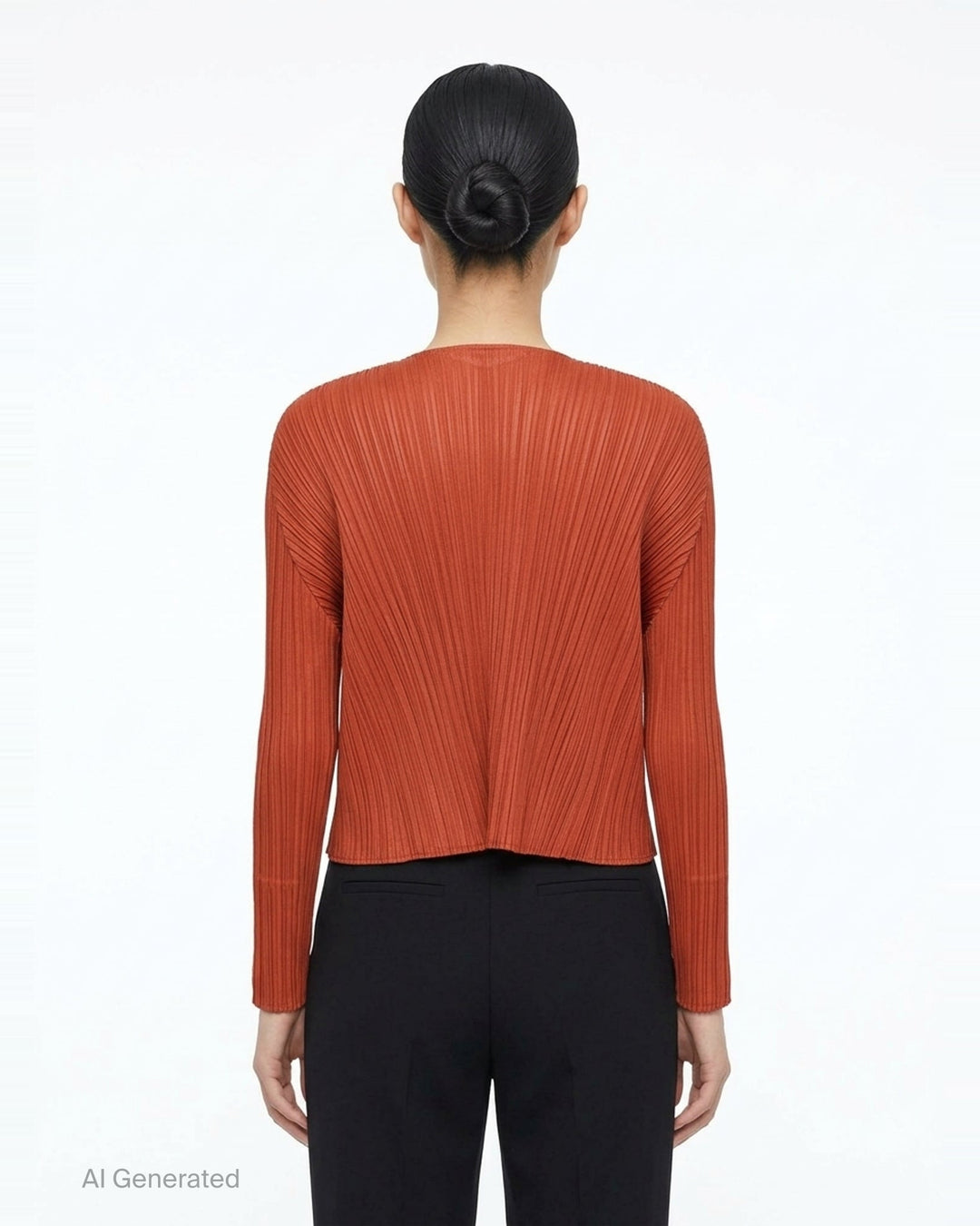 Pleats Please Issey Miyake Monthly Colors September black pleated open-front cardigan, back view, featuring radiating fan pleats from the yoke and long sleeves - back