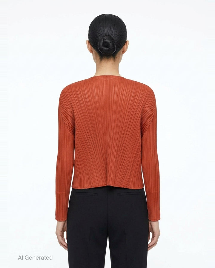 Pleats Please Issey Miyake Monthly Colors September black pleated open-front cardigan, back view, featuring radiating fan pleats from the yoke and long sleeves - back