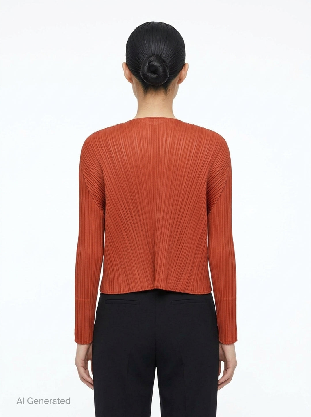 Pleats Please Issey Miyake Monthly Colors September black pleated open-front cardigan, back view, featuring radiating fan pleats from the yoke and long sleeves - back