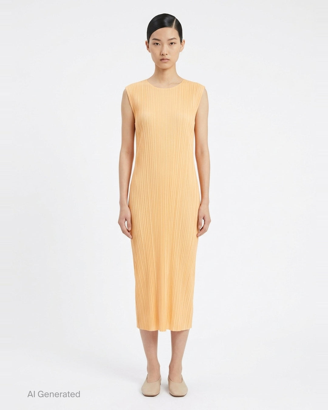 Pleats Please Issey Miyake Monthly Colors September sleeveless black midi dress with fine vertical micro-pleating throughout - front