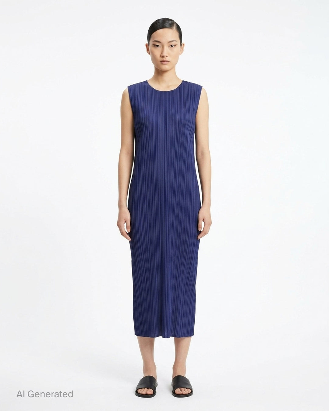 Pleats Please Issey Miyake Monthly Colors September sleeveless black midi dress with fine vertical micro-pleating throughout - front