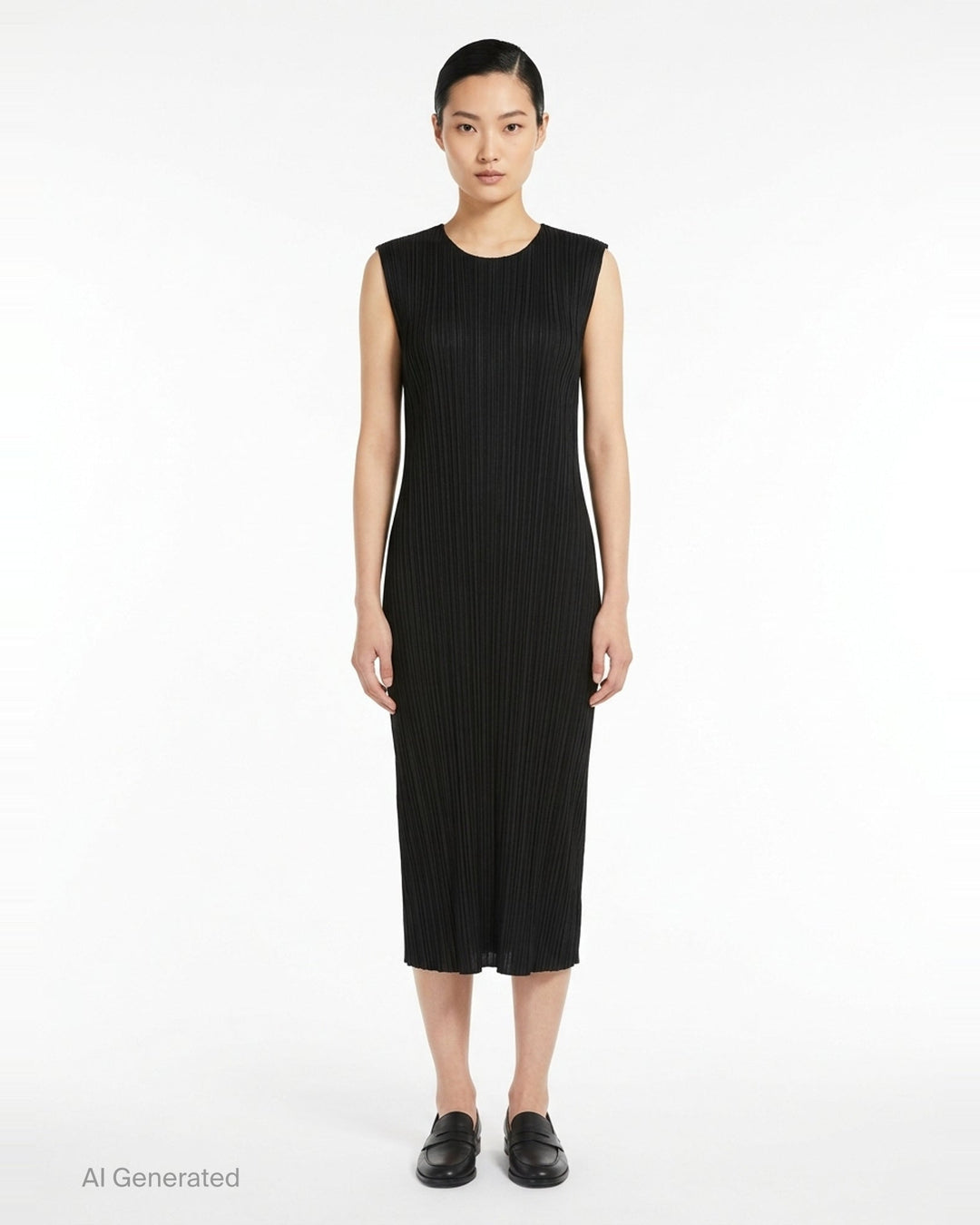 Pleats Please Issey Miyake Monthly Colors September sleeveless black midi dress with fine vertical micro-pleating throughout - front