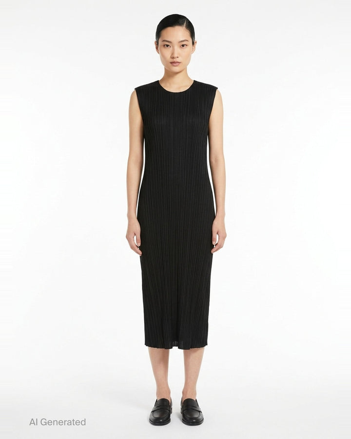 Pleats Please Issey Miyake Monthly Colors September sleeveless black midi dress with fine vertical micro-pleating throughout - front