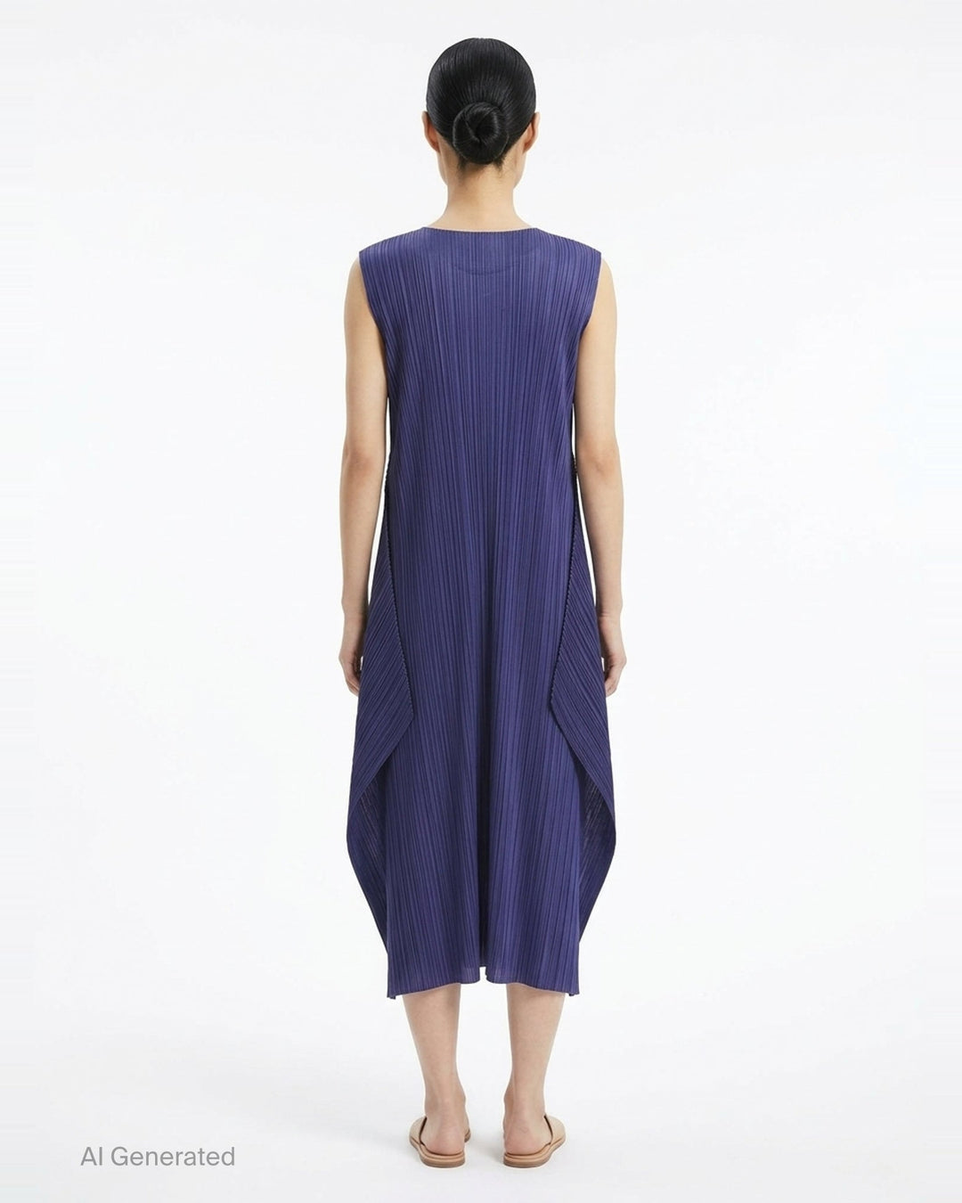 Pleats Please Issey Miyake Monthly Colors September sleeveless black micro-pleated dress with draped balloon hem, front view on white background - back