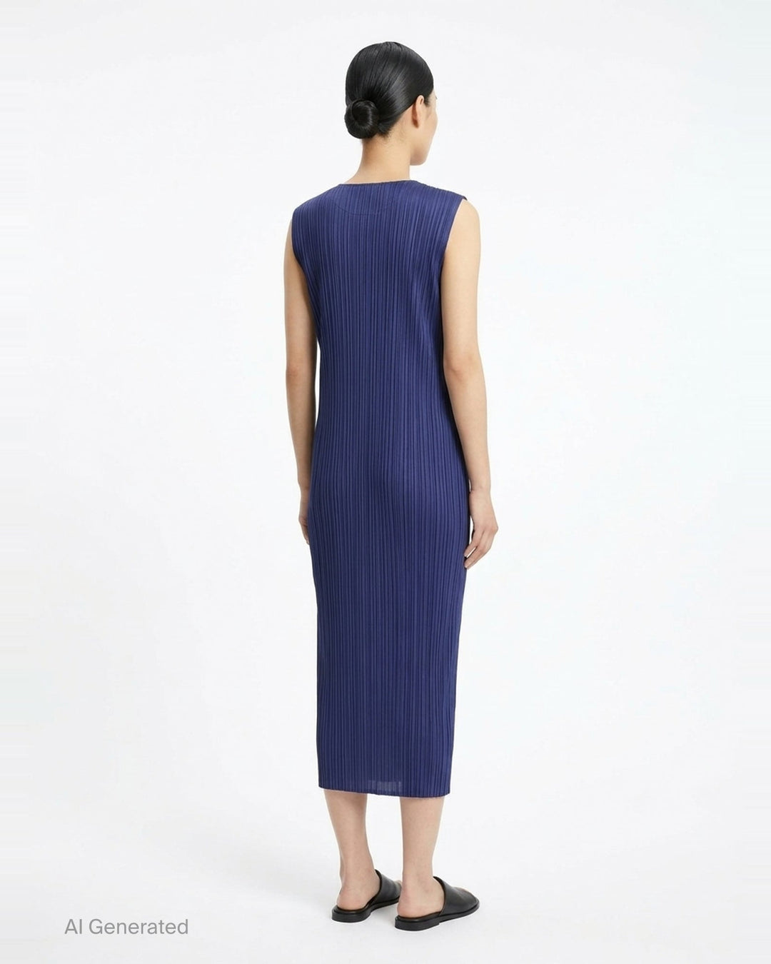 Pleats Please Issey Miyake Monthly Colors September sleeveless black midi dress with fine vertical micro-pleating throughout - back