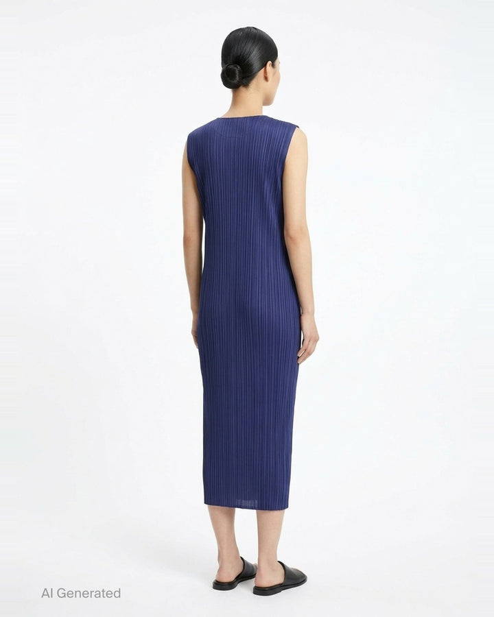 Pleats Please Issey Miyake Monthly Colors September sleeveless black midi dress with fine vertical micro-pleating throughout - back